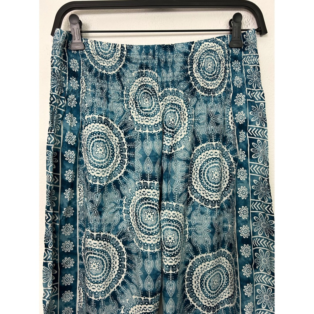 Lotus and Luna Teal Mandala Harem Pants Womens Medium Boho Smocked Rayon Thai - Picture 3 of 9